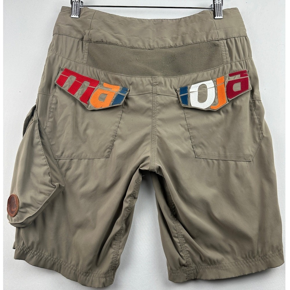 Maloja Mountain Bike Shorts Mens Small Retro Colorful Logo Pockets Khaki Cycling